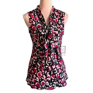 Nine West Blouse Womens 1X Sleeveless Black Pink Abstract Bow Tie Neck Top NWT